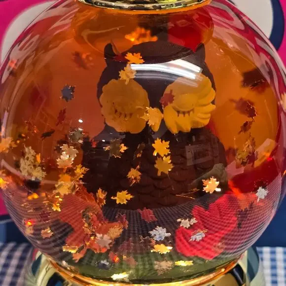 BBW Owl Fall Autumn Leave Water Globe Large 3 Wick Candle Holder Pedestal